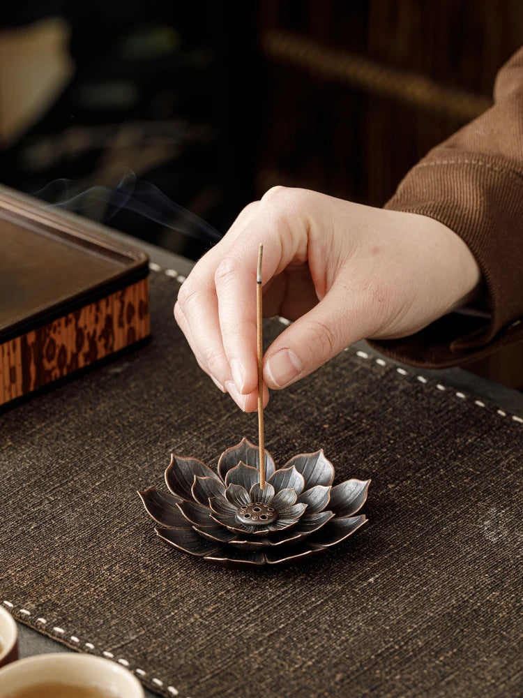 2in1 Alloy Incense Burner | Metal Sandalwood Stick Holder with Zen Lotus Design alternate view