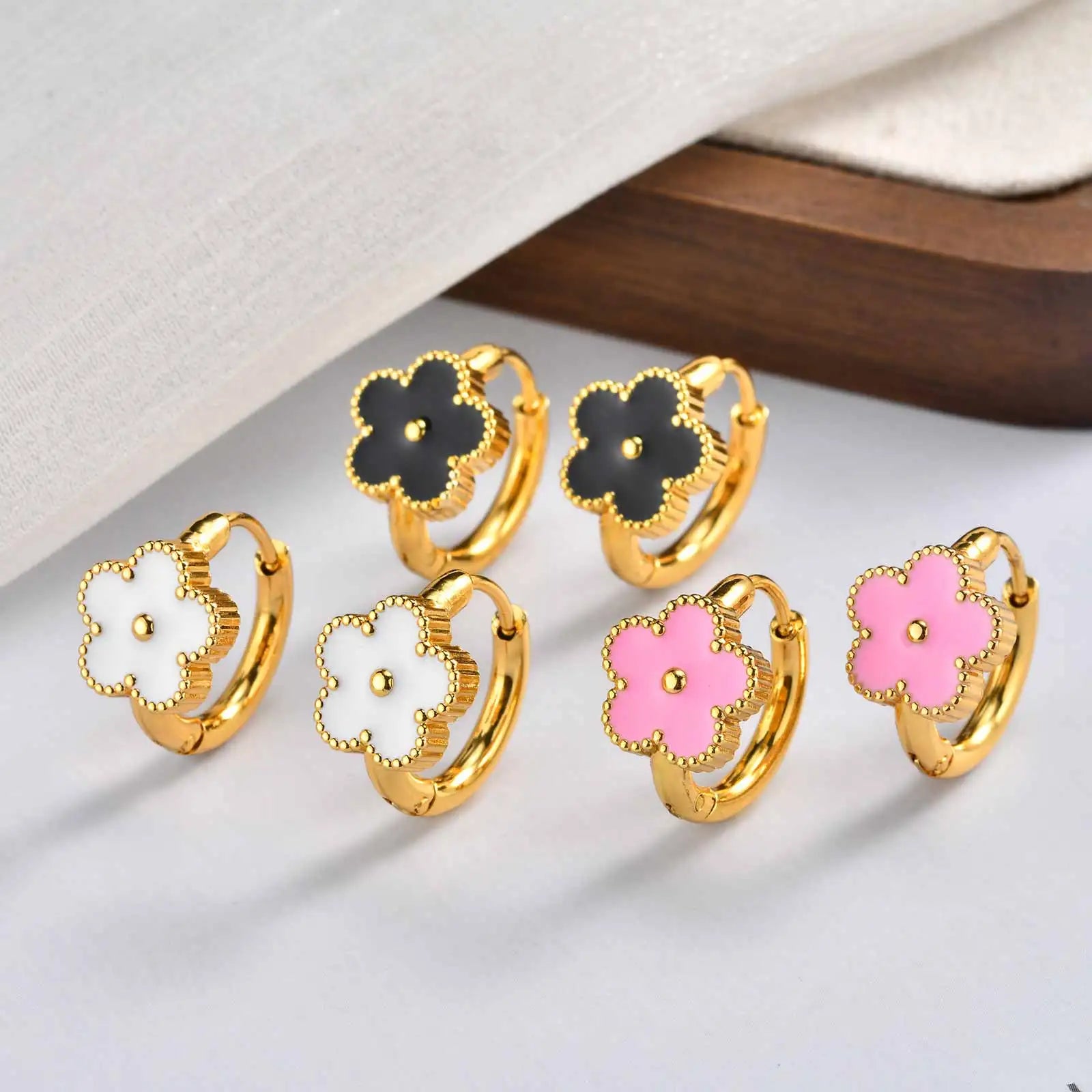 Dainty Lucky Leaf Hoop Earrings for Women Teens, Stainless Steel Flower Hoop Earrings alternate view