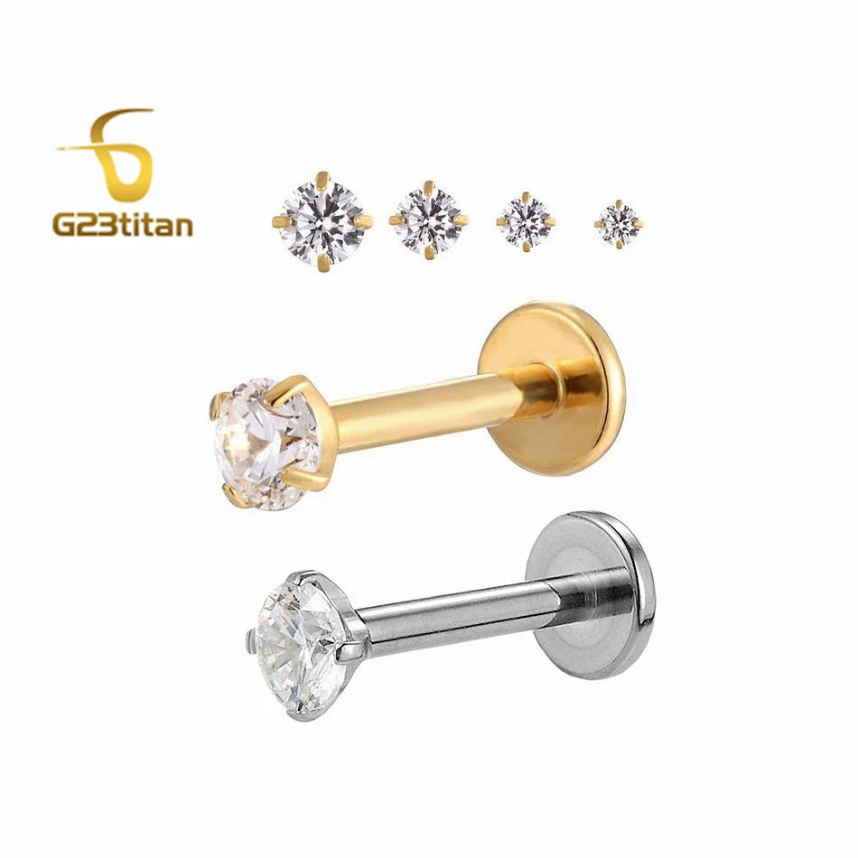 16G 18G Titanium Labret Stud Nose Ring | Zircon Internally Threaded Body Jewelry for Tragus and Heli