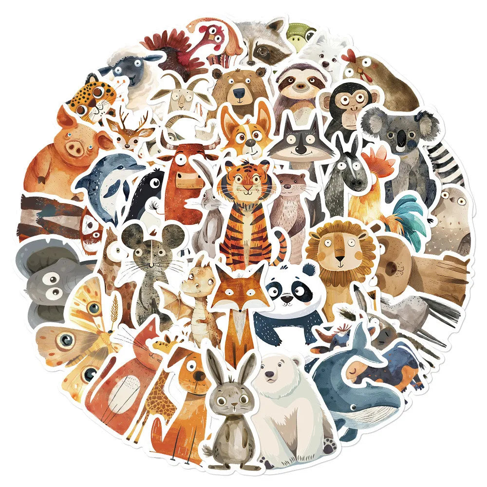 50 Pcs Quirky Watercolor Animal Cartoon Stickers | DIY Decals for Luggage, Laptops & alternate view