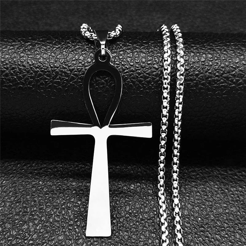 Stainless Steel Ankh Cross Pendant Necklace | Gothic Symbol of Life Jewelry detail view