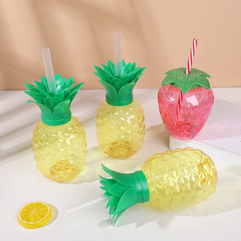 Strawberries, Pineapple Shaped Straw Beverage Plastic Transparent Juice Cups,photography detail view