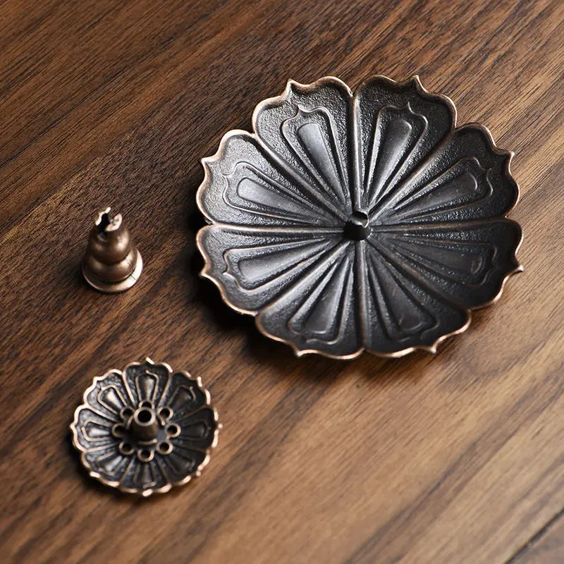 Porous Lotus Zen Line Incense Holder | Retro Metal Sandalwood Burner Tray additional angle