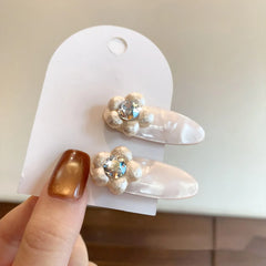 New Fashion Sweet Korean Style Baroque Pearl Flower Clip Women Girls Bangs Clip Cute Duckbill Hair Rhinestone Accessory Pair Set