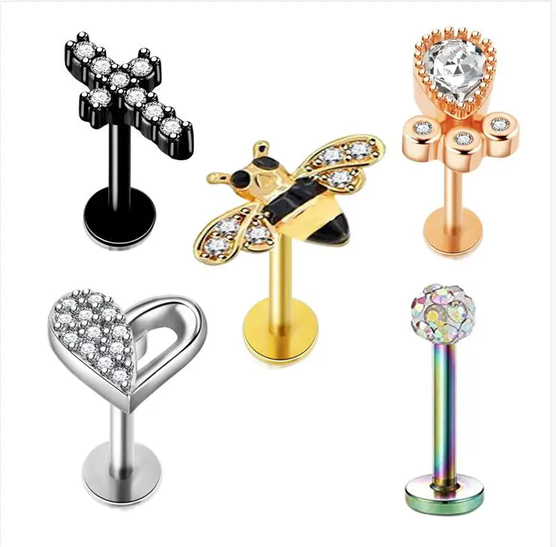 5pcs Tragus Stud Earring Set | Heart CZ Cartilage Piercing Jewelry close-up view