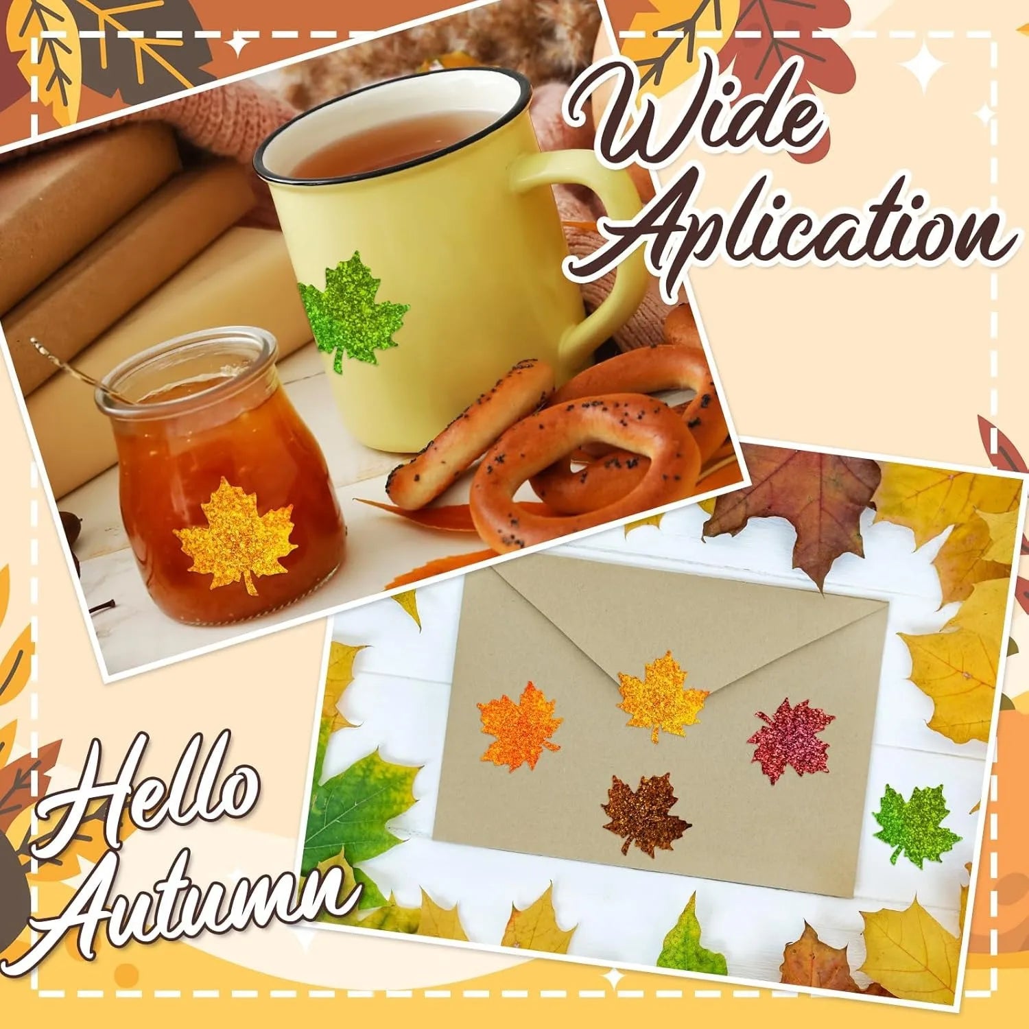 500Pcs Fall Thanksgiving Leaf Stickers | Holographic Maple Leaf Decals Roll close-up view