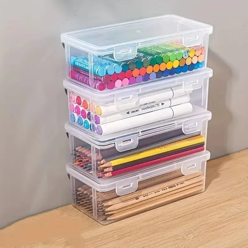 transparent PP storage boxes with lids, used for storing office supplies, pencils, and crafts