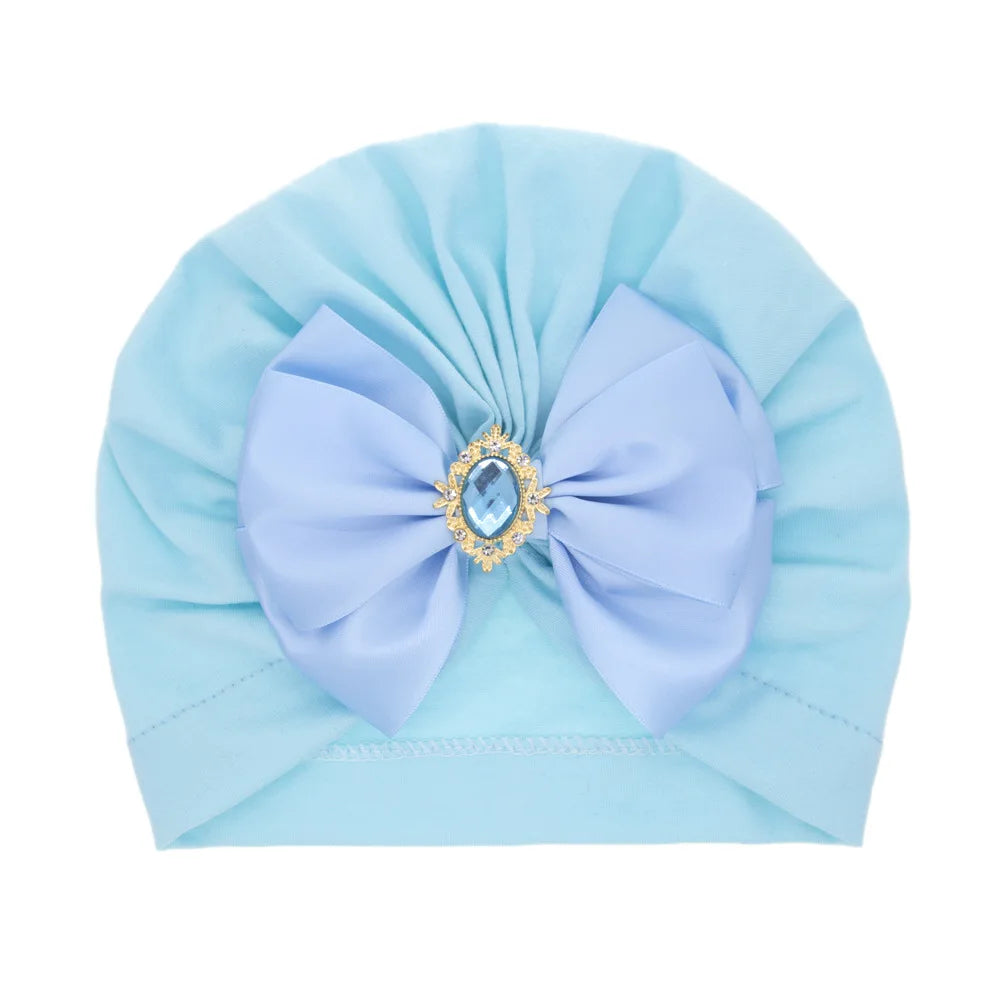 Solid Color Baby Turban Bow Beanie with Rhinestone | Handmade Infant Cap for Girls additional angle