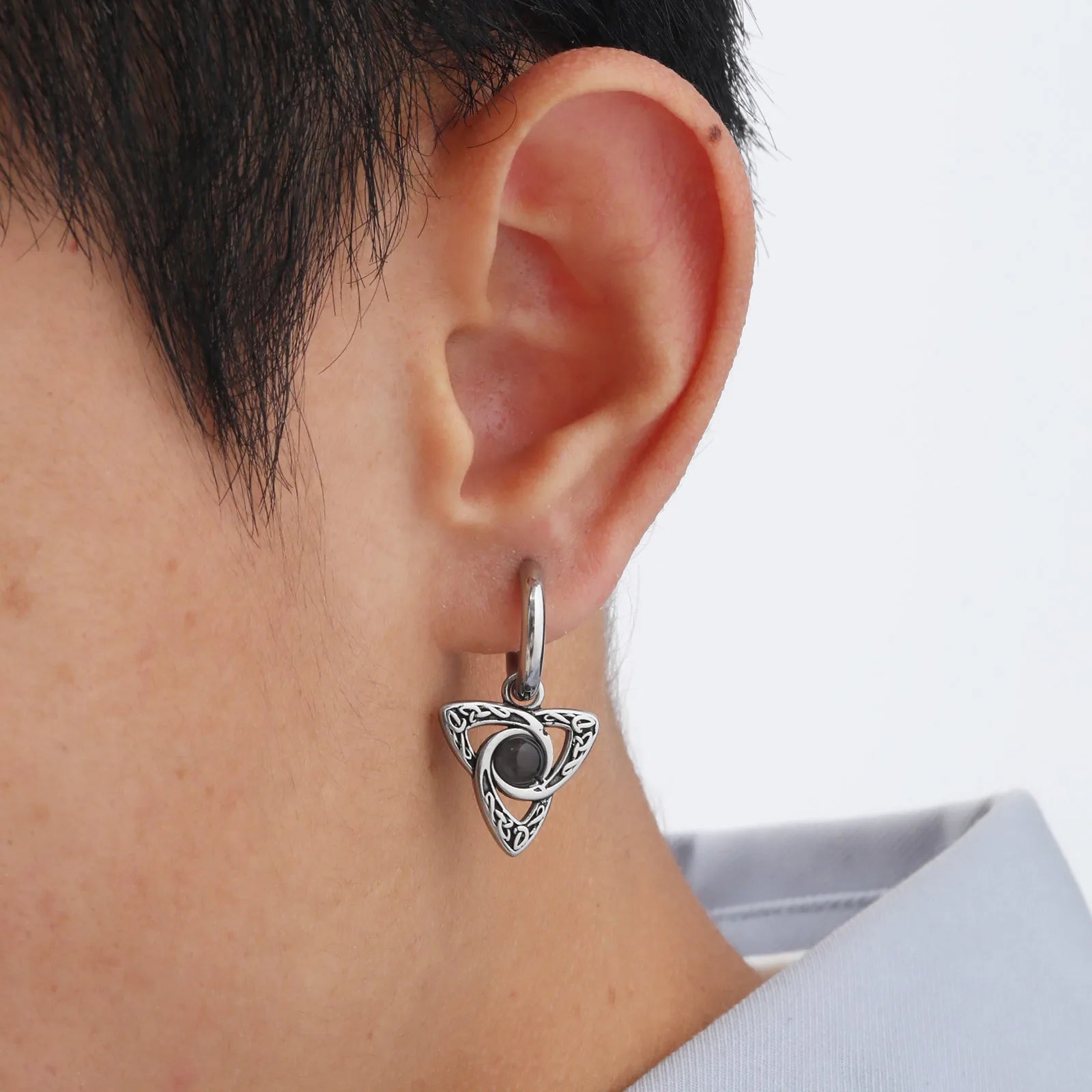 Geometric Triangle Earrings for Men Boys,Viking Natural Stone Inlaid Huggies Hoop Earr close-up view