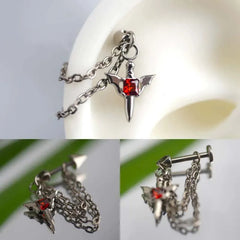 Stainless Steel Red Zircon Wing Chain Piercing Earring for Women Men Gothic Silver Color detail view