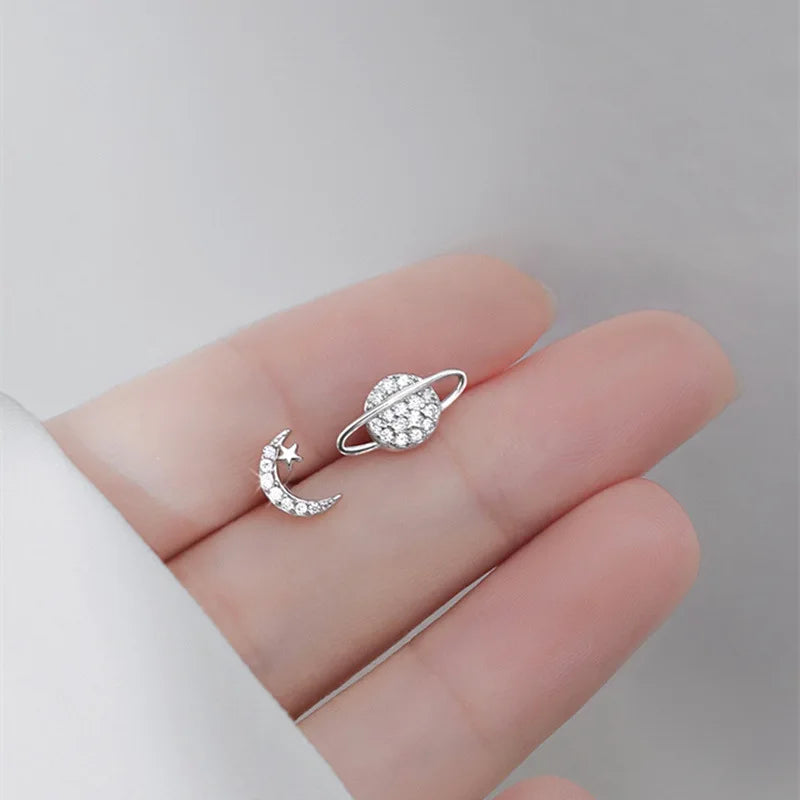 Simple Fashion Zircon Star Moon Mini Earrings for Women Cute Korean Planet Asymmetric lifestyle view