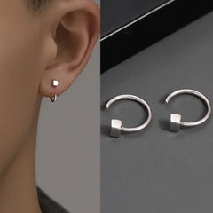 Korean Square Shape Tiny Hoop Earrings For Women Men Silver Color C- Shape Open Earings Simple Style