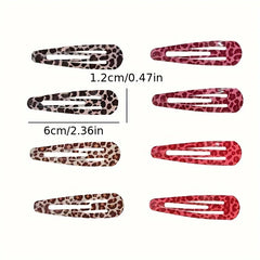 8pcs/set Leopard Print Hair Clips for Women Girls Vintage Geometric Star BB Clips Bang close-up view
