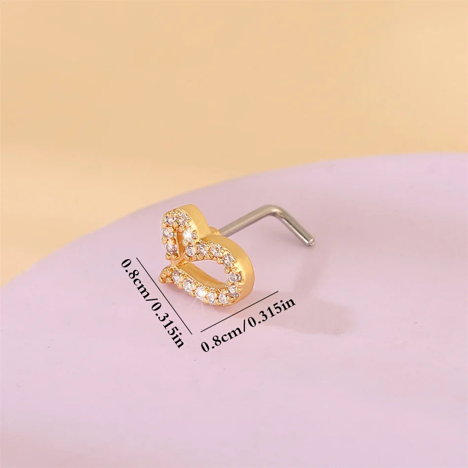 Beautiful Love Heart Nose Stud Crystal Copper Head 20G Stainless Steel Bar Women No additional angle