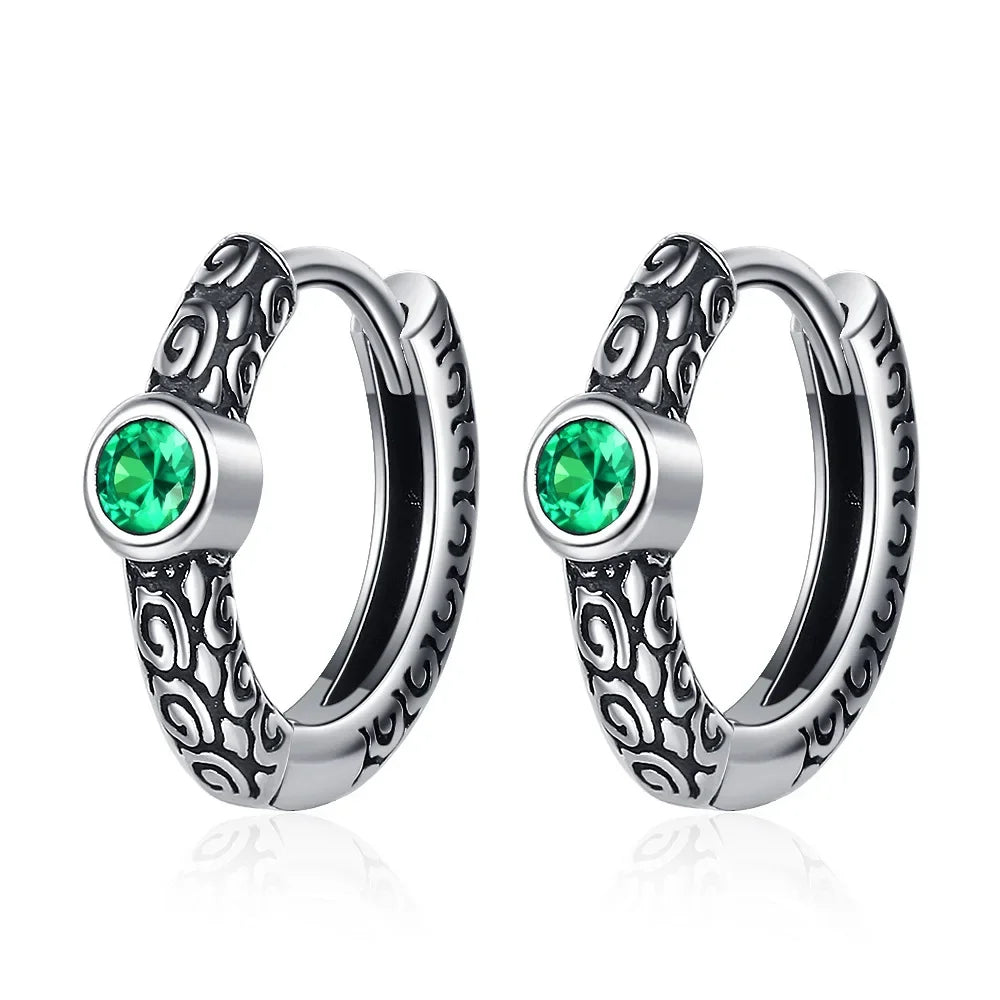Unisex S925 Sterling Silver Vintage Thai Earrings with Green Zircon | Unique Jewelry G close-up view