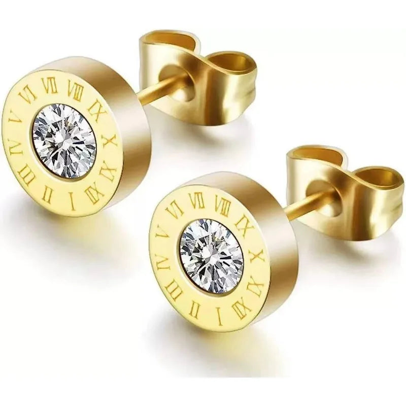 2Pcs 316 Stainless Steel Round Shine AAA CZ Diameter Roman Numeral Stud Earrings For alternate view