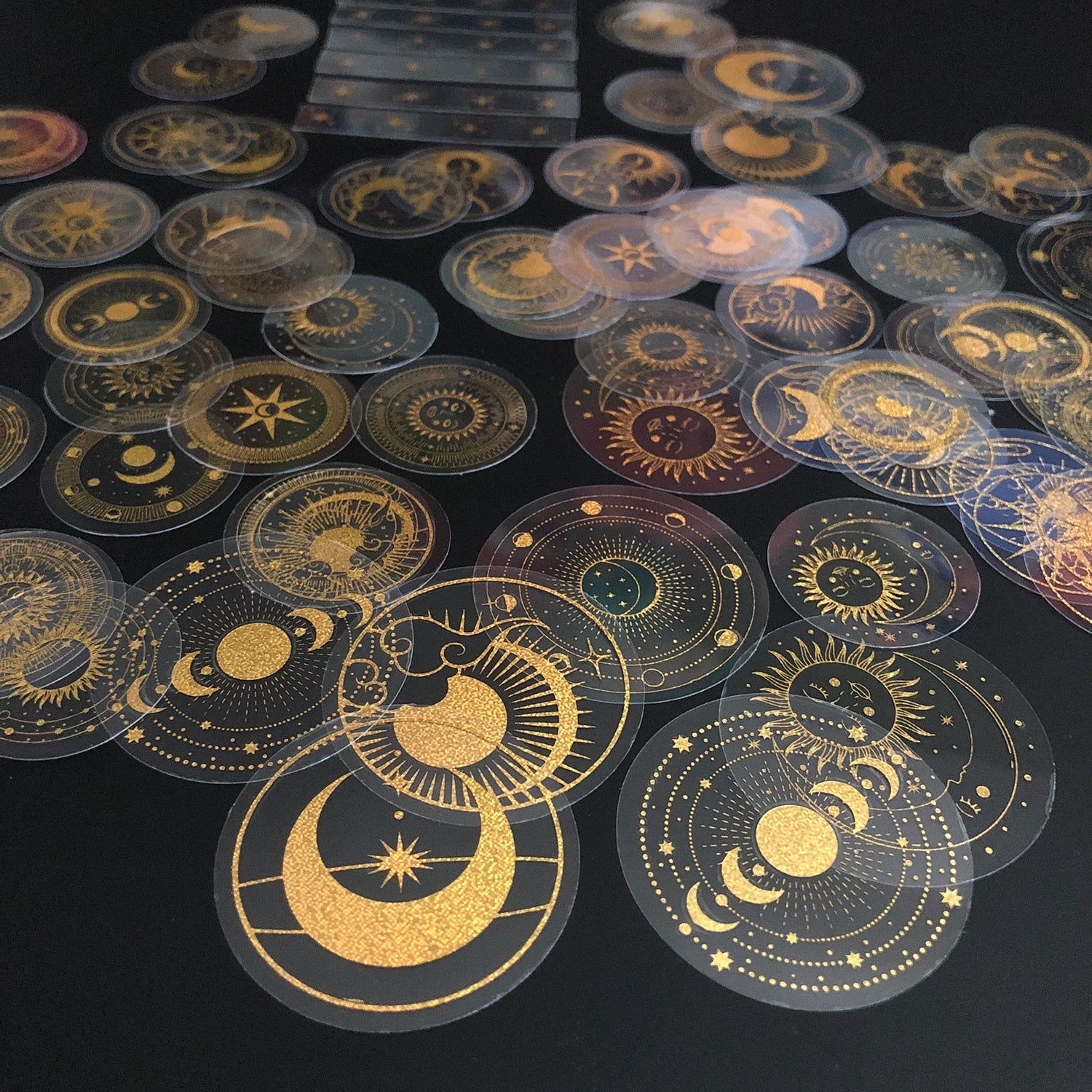 70 pcs Glitter Gold PET Adhesive Stickers | Waterproof Transparent Label Set lifestyle view