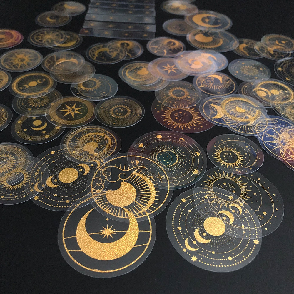 70 pcs Glitter Gold PET Adhesive Stickers | Waterproof Transparent Label Set lifestyle view