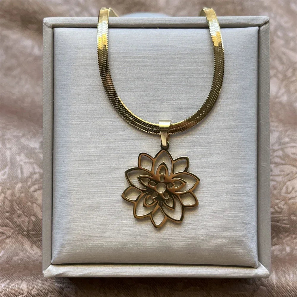 Stainless Steel Unalome Pendant Necklace | Yoga Jewelry with Lotus Flower additional angle