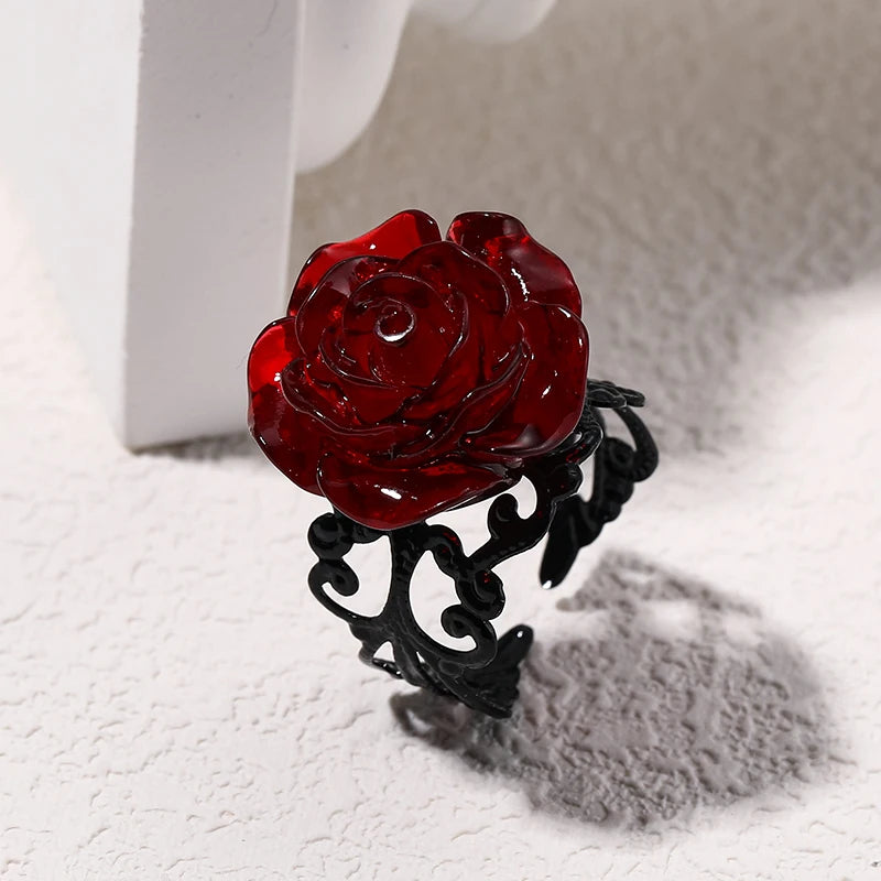 Punk Gothic Red Rose Ring Adjustable Hollow Rings for Women Witch Pagan Vintage Creat alternate view