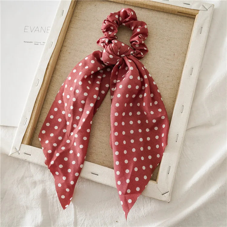 Fashion Leopard Print Bow Satin Long Ribbon Ponytail Scarf Hair Tie Scrunchies Women Gir detail view