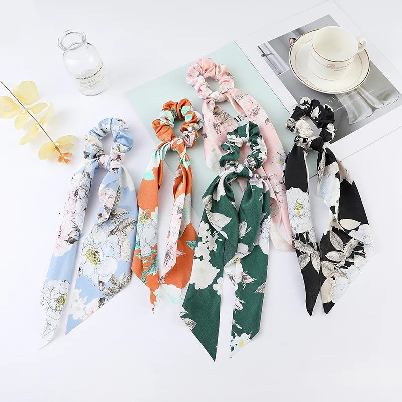 Fashion Flower Print Bow Satin Long Ribbon Ponytail Scarf Tie Scrunchies Women Girls E close-up view
