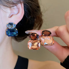 New Vintage Blue Coffee Square Oval Rhinestones Stud Earrings Women Shiny Cubic Geometric Ear Studs
