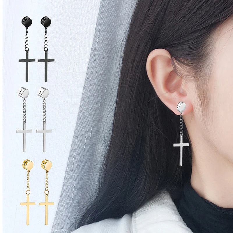 2pcs Punk Mens Strong Magnet Magnetic Cross Ear Stud Set Non Piercing Earrings Fake E lifestyle view