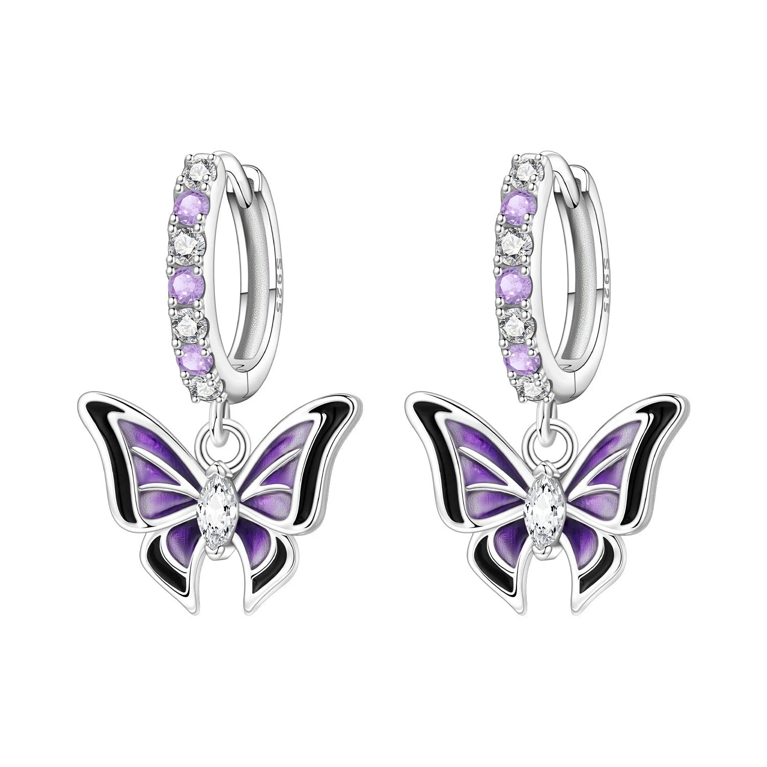 PANPOKI Original 925 Sterling Silver Purple Butterfly Insect Earrings Women Hoop Earri close-up view