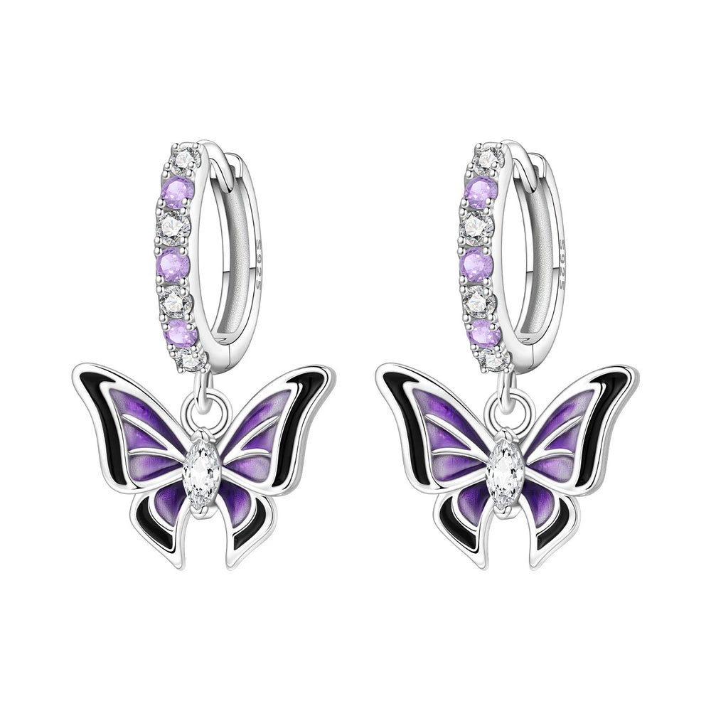 PANPOKI Original 925 Sterling Silver Purple Butterfly Insect Earrings Women Hoop Earri close-up view