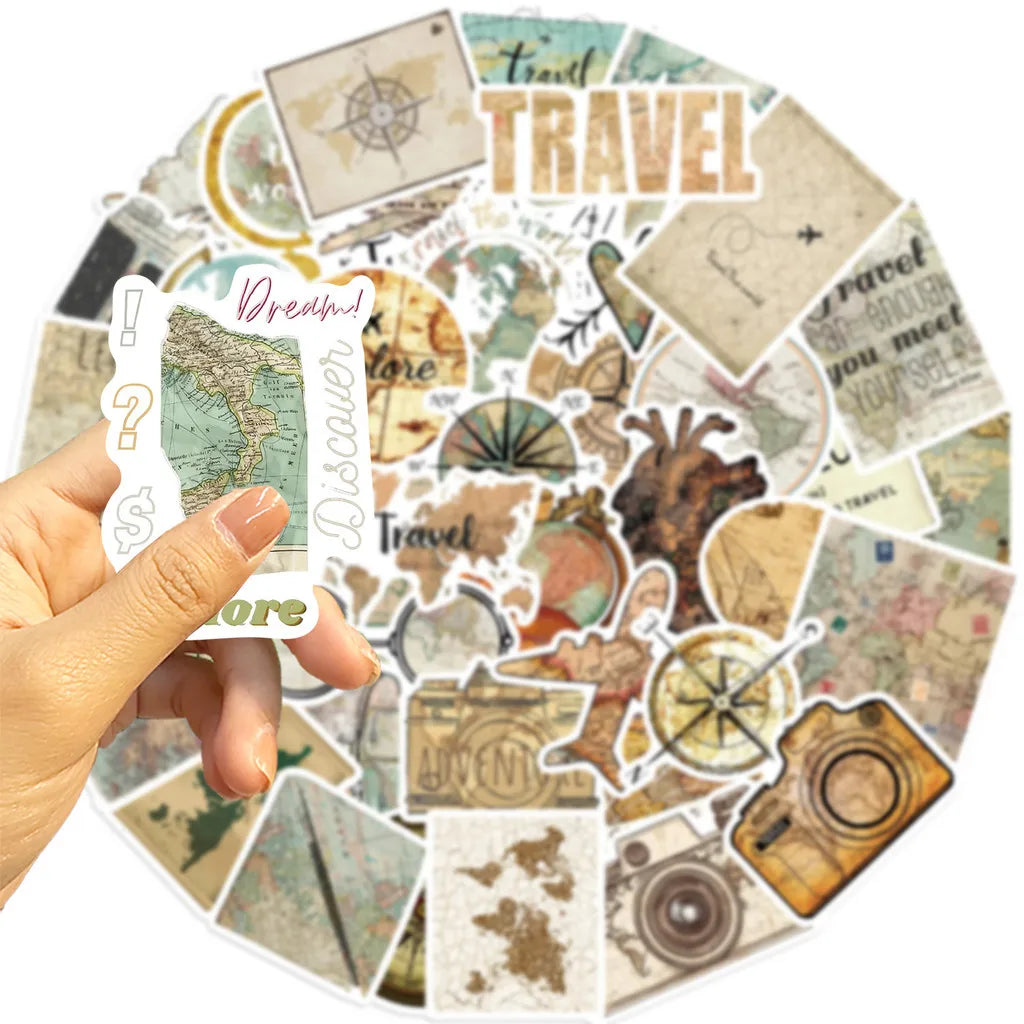 50 Pcs Travel Clock Map Graffiti Stickers | Waterproof Decals for Bike Laptop Pencil Cas detail view