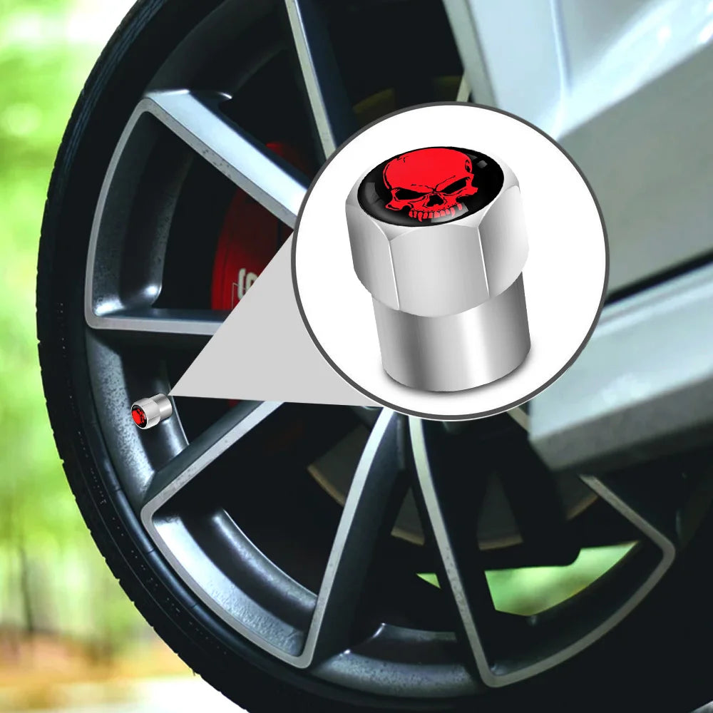 Red Skull Logo Valve Caps 4 Pcs Aluminum Alloy Tire Stem Covers additional angle