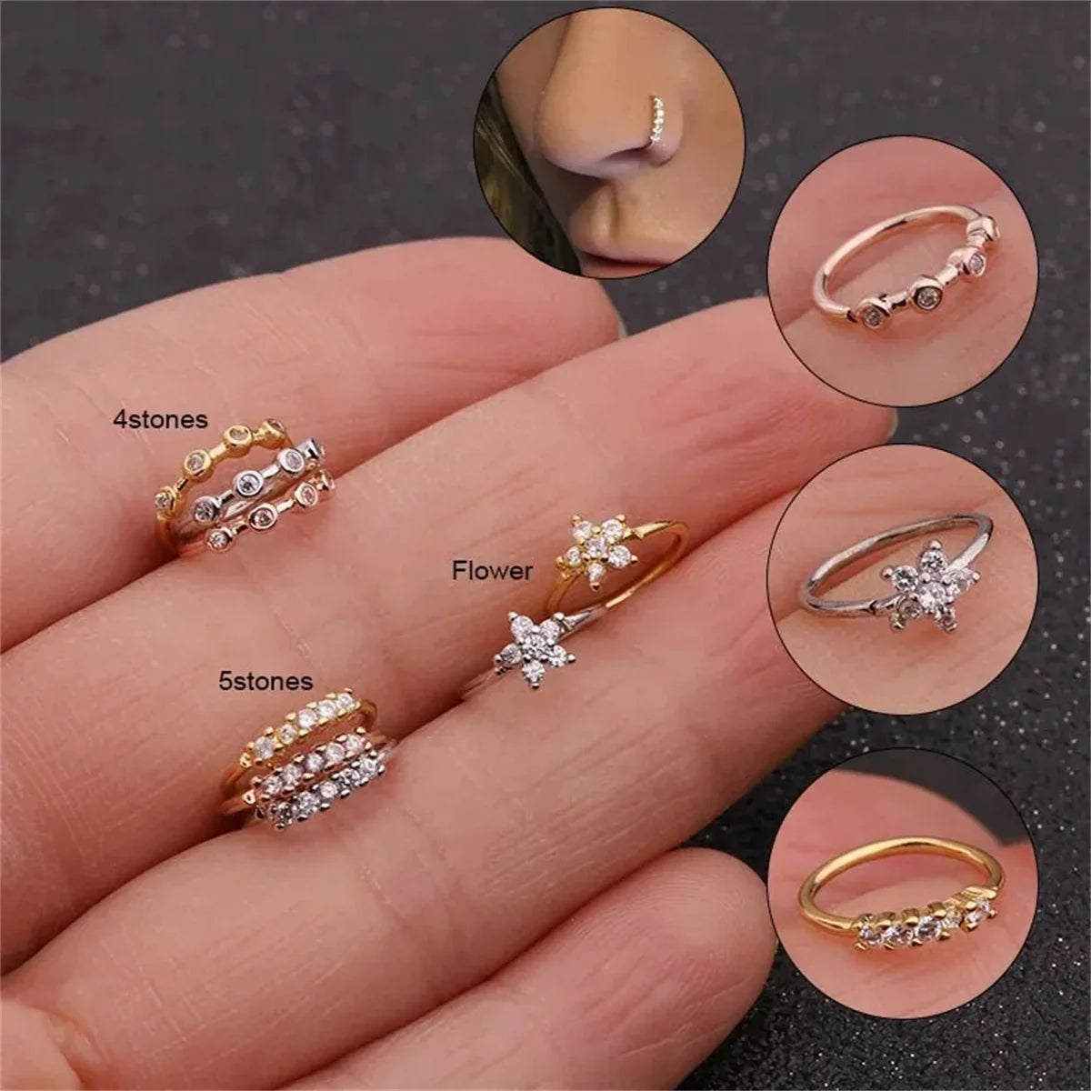 EVISPOL 3Pcs Fashion Zirconia Nose Rings for Women Adjustable Flower Hoop Rings Tragu alternate view