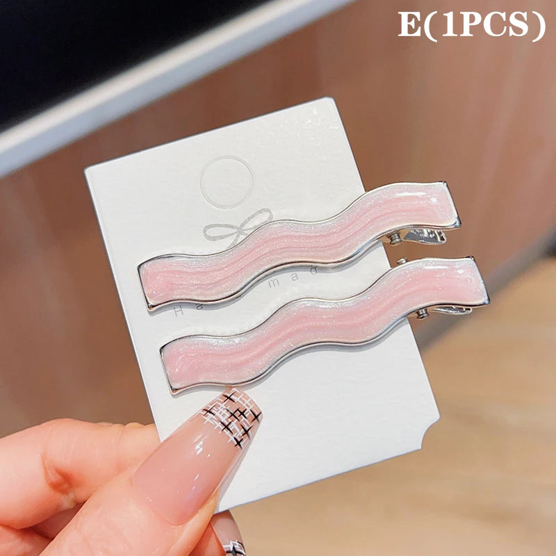 Simple Wave Oval Pink Seamless Hair Clip Women Acetate Bangs Duckbill Hairpins Stylin lifestyle view