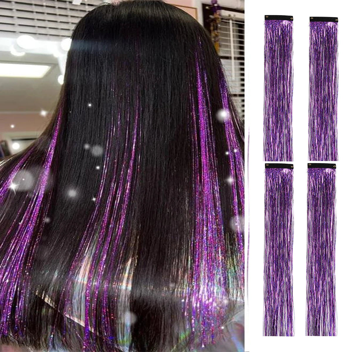 4 Pcs Hair Tinsel Clip Hair Tinsel Kit Glitter Fairy Tinsel Hair Extensions Colorful Heat Resistant Party Festival Accessories