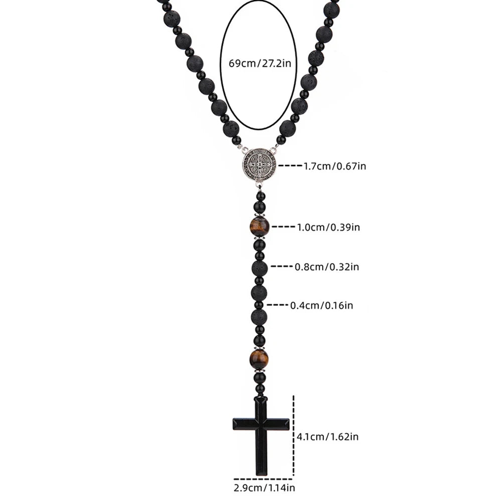 Lava Stone Black Obsidian Yellow Tiger-eye Beads Cross Pendant Y Necklace for Men detail view