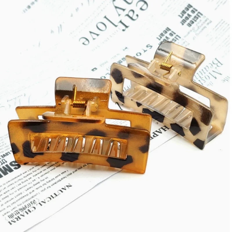 2Pcs Elegant Leopard Print Rectangular Plastic Shark Hair Claw Clips, Women Hair Accessories for Hair Styling