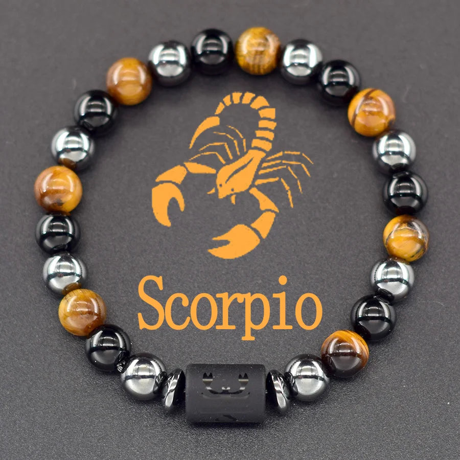 12 Zodiac Sign Bracelet Homme Constellation Bangle Natural Yellow Tiger Eye Stone Hemati detail view
