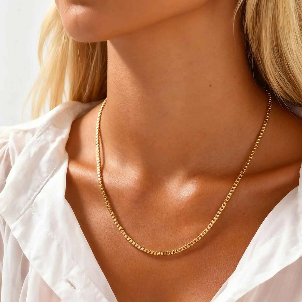 Stainless Steel Box Chain Necklace | 1/2/3mm Thin Square Link Choker for Men and Women close-up view