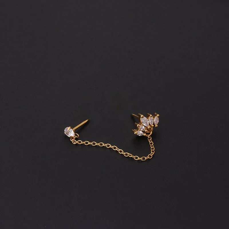 3PCS Stainless Steel Crown Chain Tassel Zircon Drop Earring Flower Ear Stud For Women Un detail view