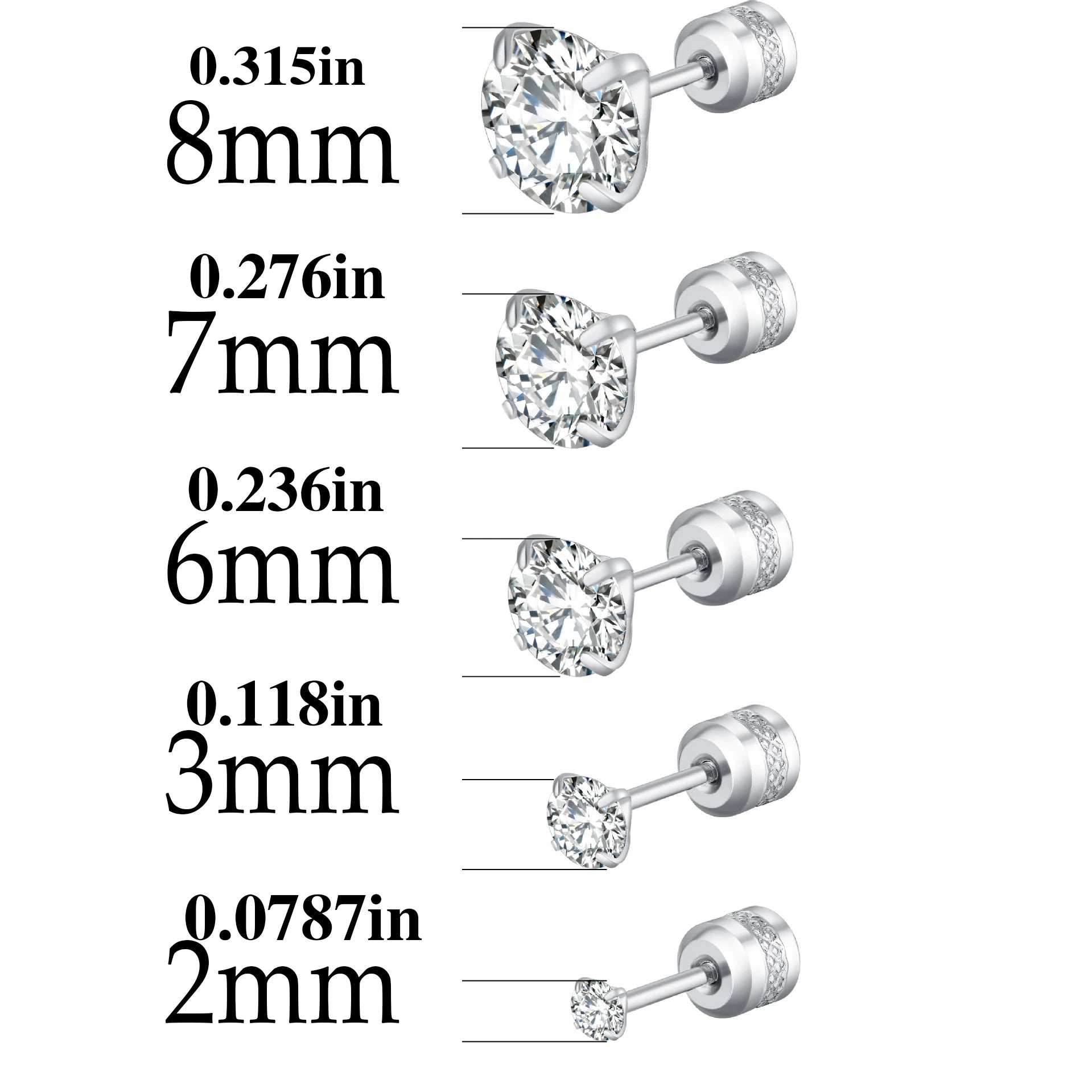 2pcs Hypoallergenic Titanium Steel Stud Earrings for Men Women, Zircon Screw Back Ear alternate view