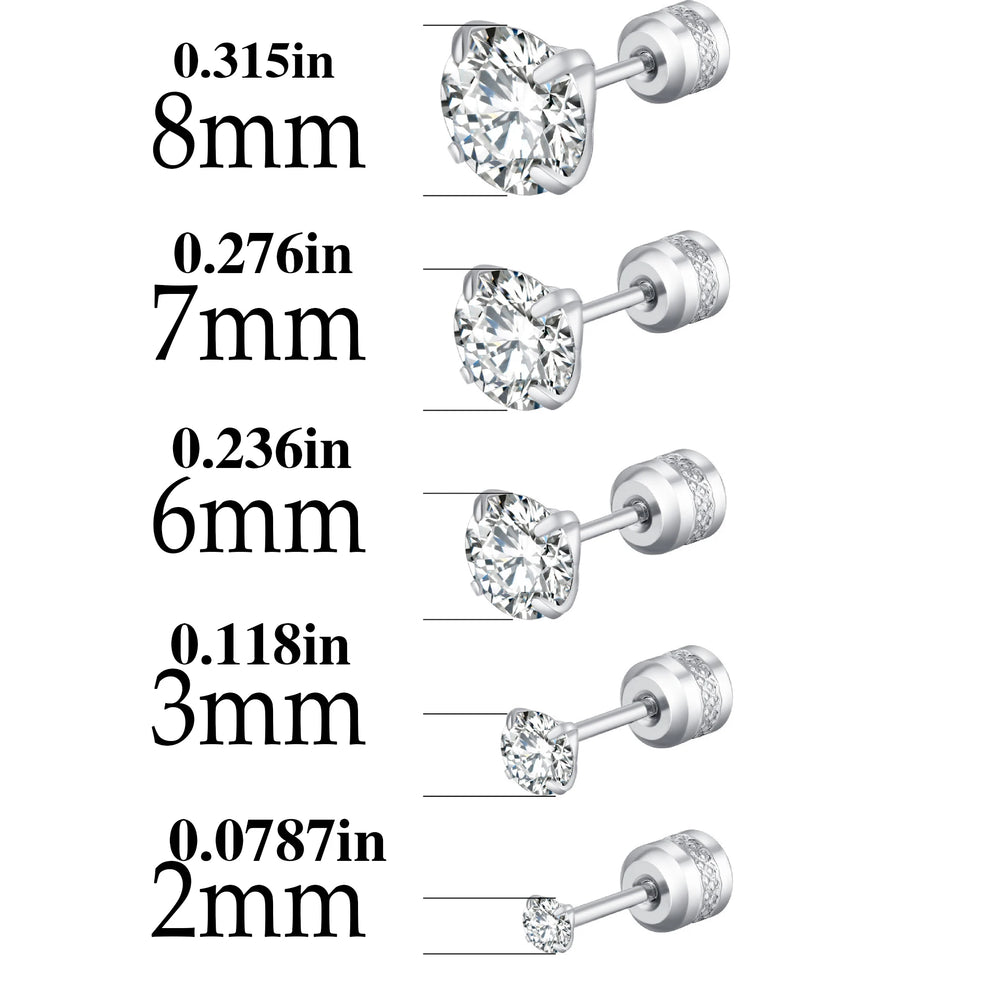 2pcs Hypoallergenic Titanium Steel Stud Earrings for Men Women, Zircon Screw Back Ear alternate view