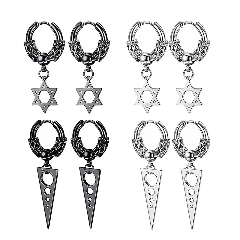 2PC Gothic Punk Stainless Steel Drop Hoop Earrings For Men/Women Ear Circle Buckle Tassel Chain Hip Hop Gothic Unisex Jewelry
