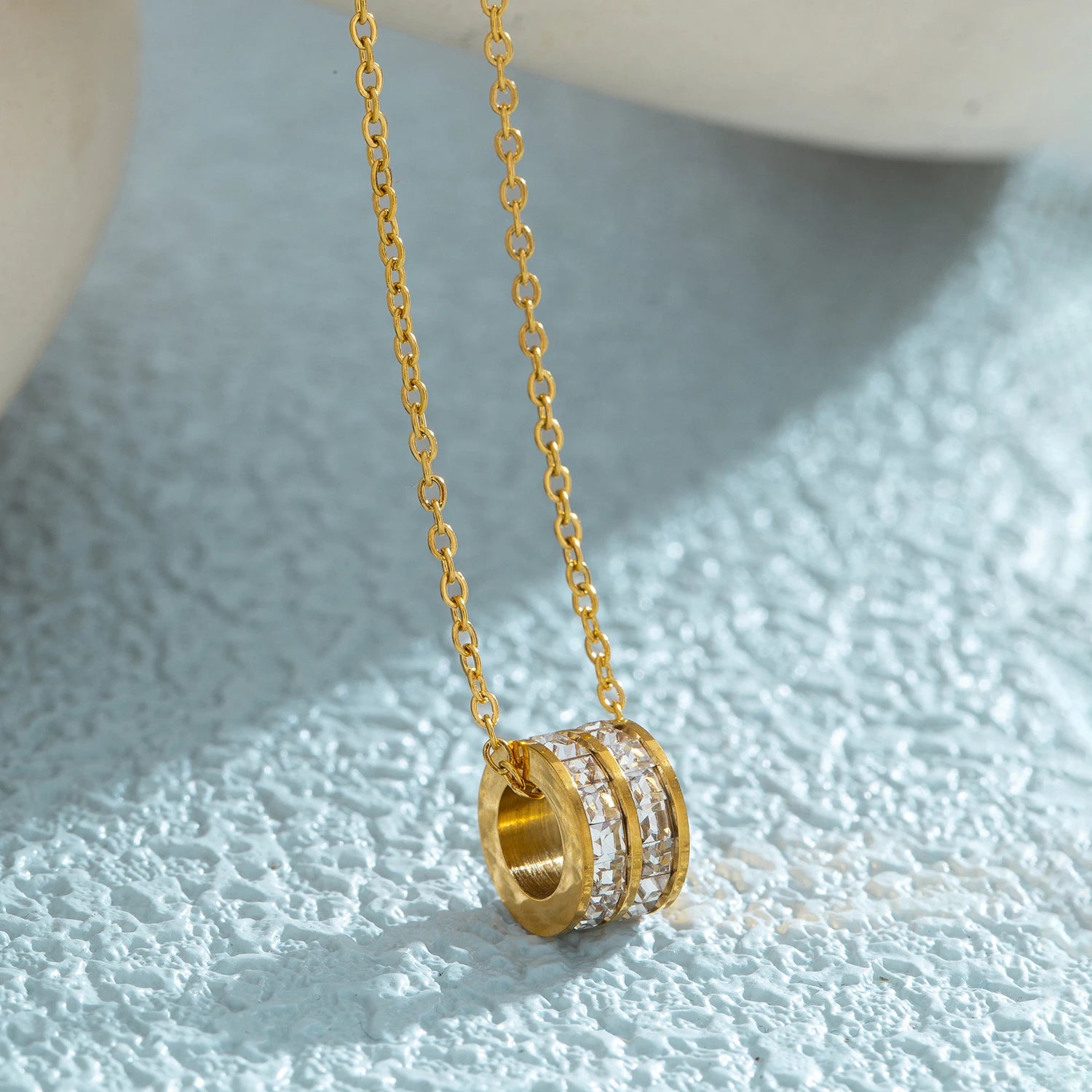 Double Row CZ Pendant Necklace 18K Gold Plated Stainless Steel Waterproof Hypoallergen close-up view
