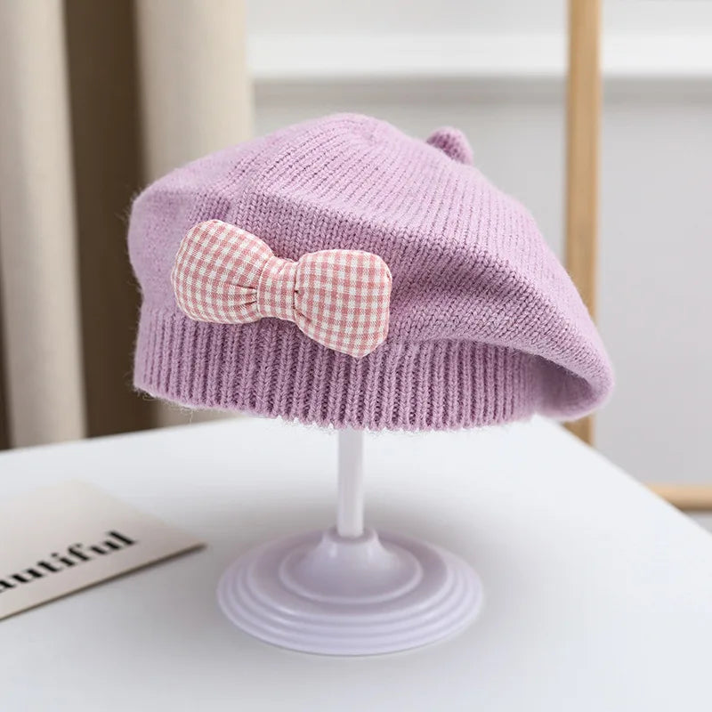Winter Baby Girl Knitted Beret Hat | Cute Princess Bow Beanie for Toddlers 1-4Y detail view