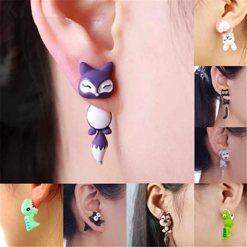 New Fashion Cute Animal Female Creative Handmade Earrings Polymer Clay Dinosaur Dog Cat Earrings Par