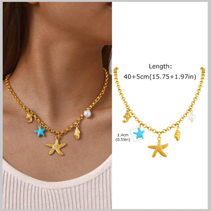 18k Gold Plated Pearl Shell Starfish Necklace | Summer Beach Jewelry for Women detail view