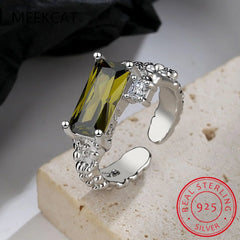 Emerald Cut Natural Green Peridot 925 Sterling Silver Irregular Texture Adjustable Ring for Women St