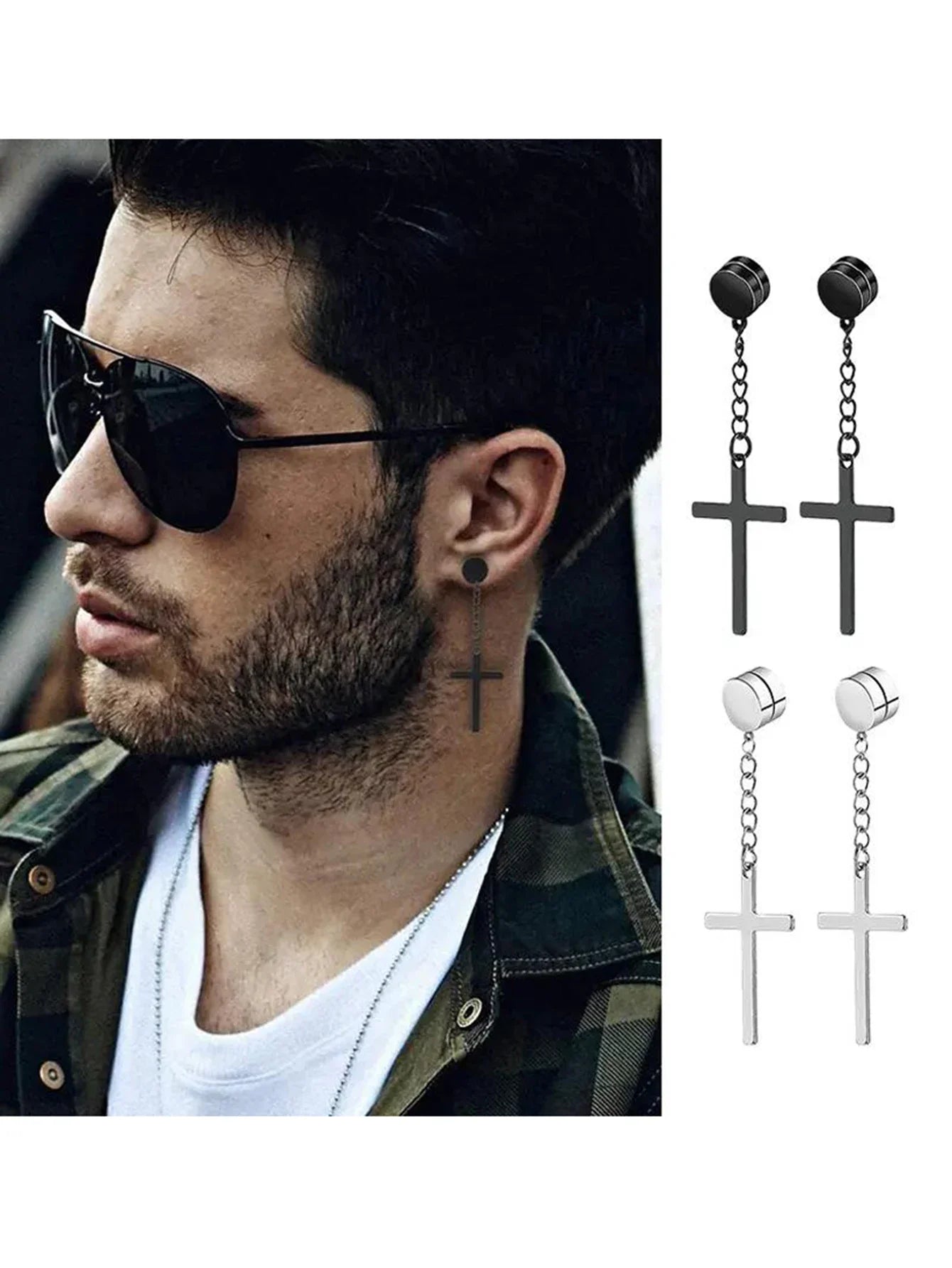 Mens Fashionable Clip On Earrings Set | Non Piercing Magnet Zircon Stainless Steel alternate view