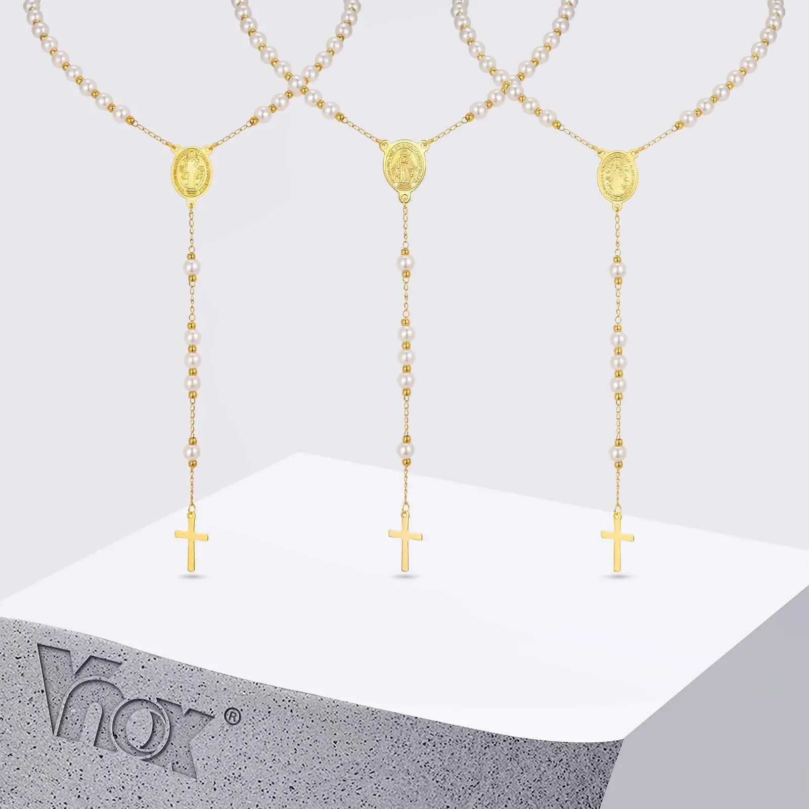 Vnox Stainless Steel Pearl Rosary Beaded Necklace,Virgin Mary Religious Cross Necklace For Women,Prayer Jewelry 65cm Long Chain